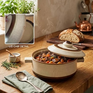 May include: A round ceramic casserole dish with a speckled cream and brown glaze, featuring two side handles and a matching lid. The dish contains a beef stew with visible carrots and potatoes. An inset shows a small chip on the lid edge.
