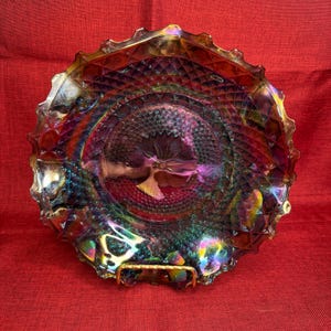 Vintage Carnival Glass Blue Iridescent Ruffled Edge Bowl 10”