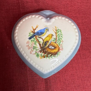 Vintage Heart Shaped Trinket Box McNees 379 California Pottery Blue and White Birds and Nest