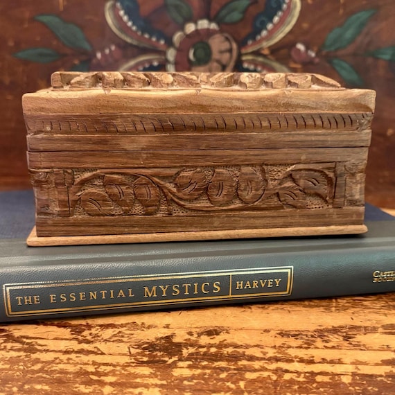 Vintage Hand-Carved Wood Puzzle Box – Floral Boho Decor, Secret Lock Stash Box (4x6)