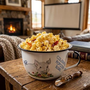 May include: A white enamel bowl with a black rim and handle, filled with yellow popcorn and small red chili peppers. The bowl features a painted pig illustration, floral accents, and the blue text "COLORADO POPCORN BOWL". A metal scoop sits nearby.