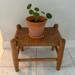 Vintage Mid Century Primitive Caned Woven Flat Reed Footstool, Plant Stool