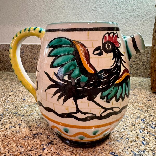 Vintage Colorful Italian Hand Painted Rooster Pitcher, Vase, Utensil Holder Crock Made in Italy Numbered B-29 6.5"