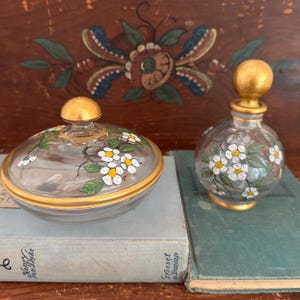 Vintage Gold Trim White Floral Vanity Set Perfume Bottle and Powder Jewelry Trinket Box with Lid MCM