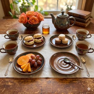 May include: A tea set with a brown glazed teapot, four matching teacups, and four plates on a linen cloth. One plate holds two scones with jam, another has three macarons, and a third features sliced persimmons and grapes. A jar of honey is included.