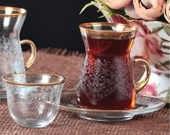 12/18 Pcs Turkish Tea and Arabic Coffee Set -Rumi Gold