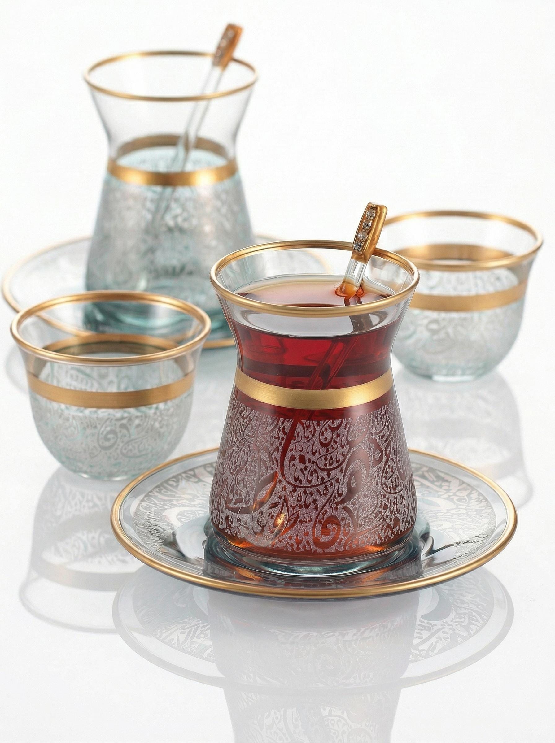 Arabic Tea Set Green & Gold Laser Engraved Cups (12/18 Pieces