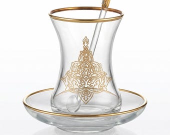 Elegant Turkish Tea Set - Gold Tulip Design - Ottoman Style