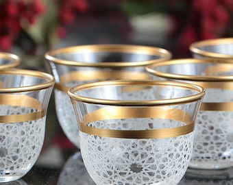 6 pc Arabic Coffee Cups Set  Geo Gold or Silver– Arabic Gahwa Glassware – Elegant Gift Set