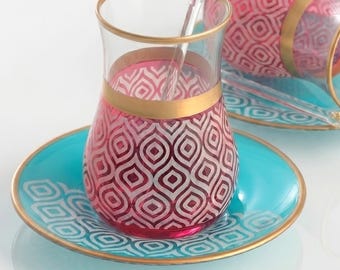 Mixed Color Turkish Tea Set: Gold Painted, Laser Engraved, 18 Pcs
