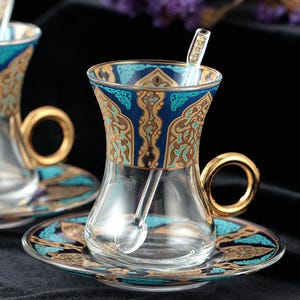 Turkish Tea Set: Color Decal Printed Glasses, Spoons, and Saucers (2+2+2, 6 pieces set)