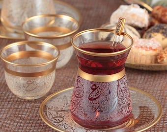 18 Tea and Arabic Gahwa set or 12 Pieces Turkish Tea Set - Huruf Arabic Amber