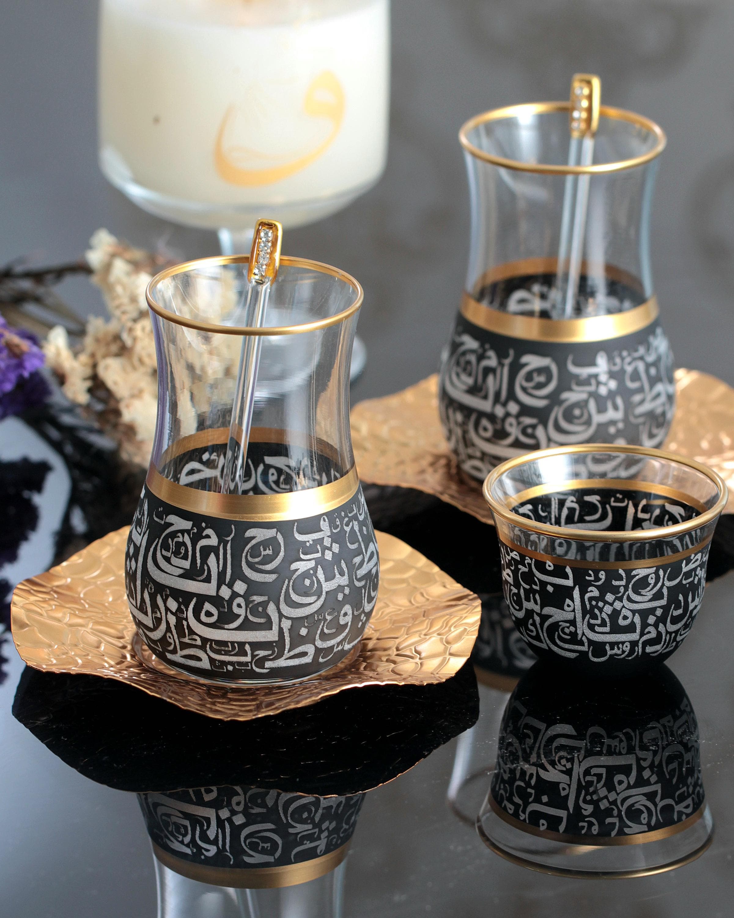 18/24 Pcs  Turkish Tea Set and Turkish Tea Set Arabic Coffee Set - Huruf Black and Gold