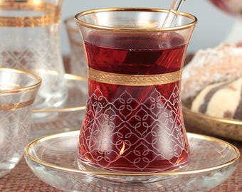 24 Pcs / 18 Pcs  Turkish Tea / Arabic Coffee Set- Esma Gold - Elegant Oriental Tea Set Gift