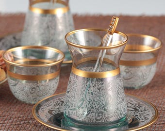 18 Tea and Arabic Gahwa set or 12 Pieces Turkish Tea Set - Huruf Arabic Green