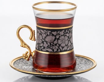 Black & Gold Turkish Tea Set: Laser Engraved Cups, Saucers, Spoons (18 Pcs)