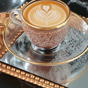 May include: A clear glass teacup with a gold rim, filled with coffee and topped with latte art in a heart shape. The cup sits on a matching saucer with a gold rim, both decorated with an etched pattern. The set is on a mirrored tray.