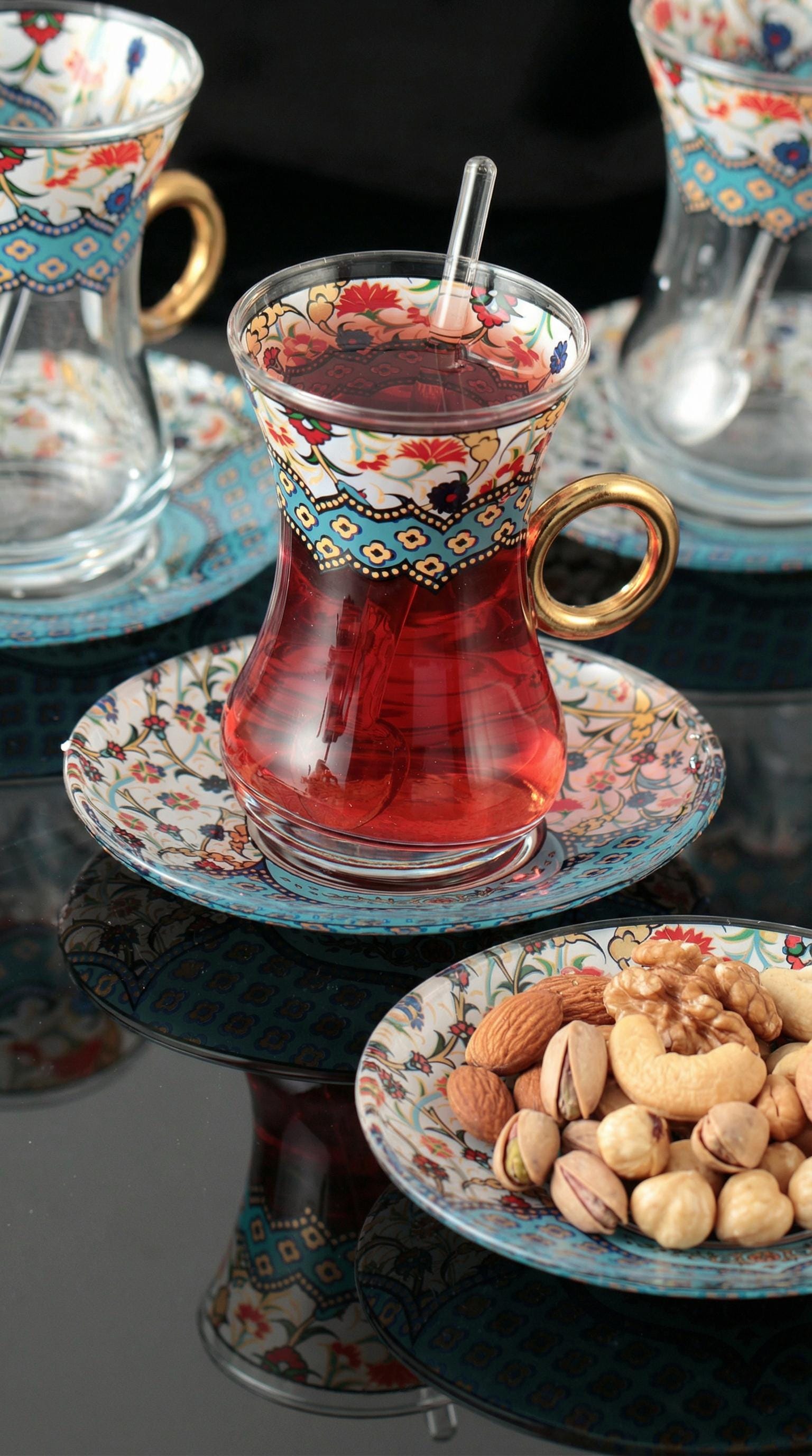 The Blue Turkish Tea Set: Flower Decal With Glass Teaspoon(18 Pcs) - Etsy