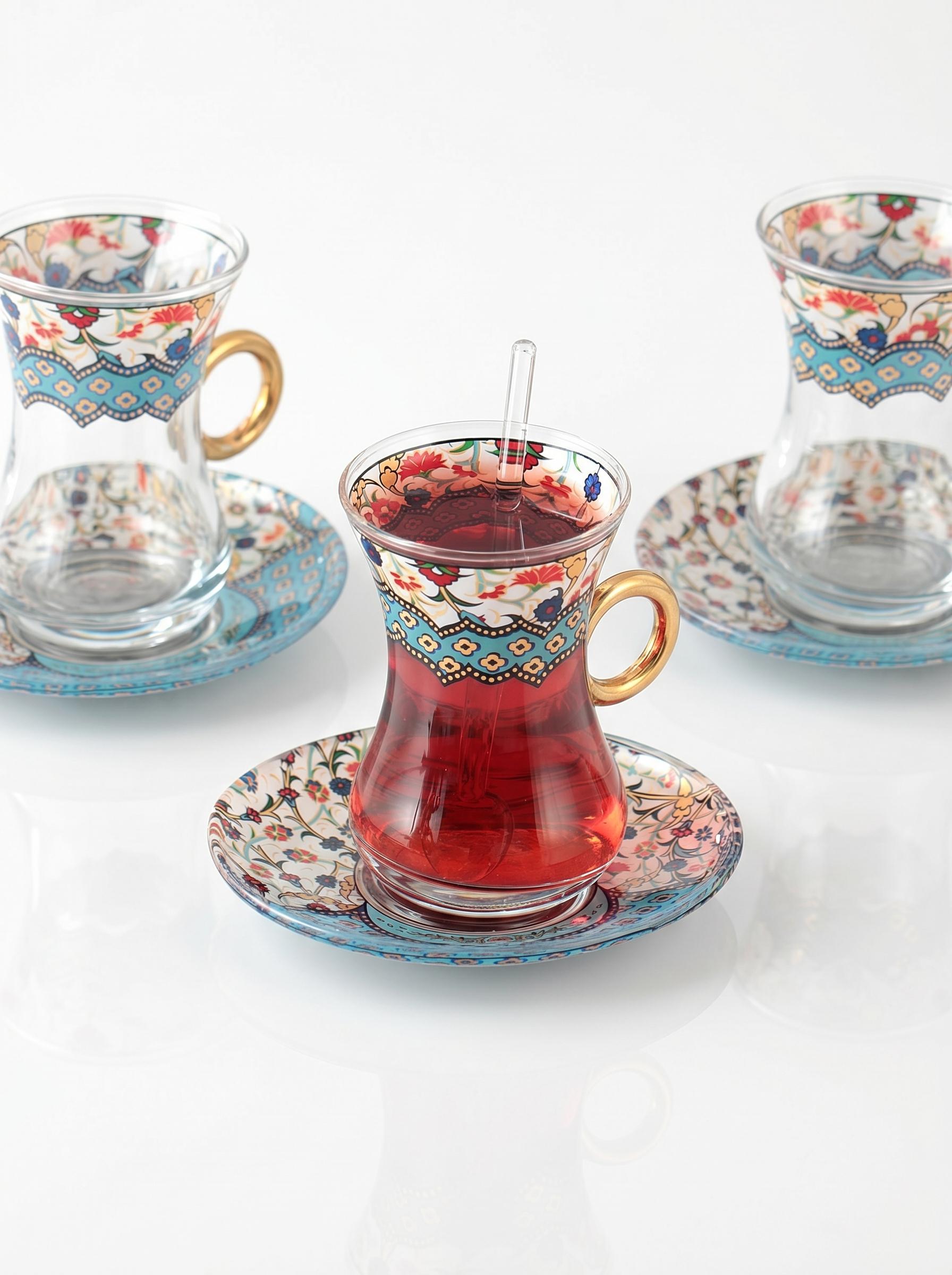 The Blue Turkish Tea Set: Flower Decal With Glass Teaspoon(18 Pcs) - Etsy