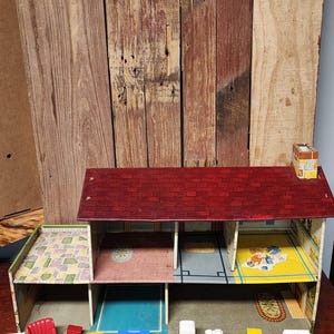 Vintage Marx Tin Lithograph Dollhouse with Louis Marx and Company Dollhouse Furniture
