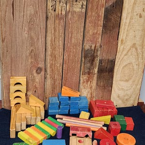 Assortiment vintage houten kinderbouwstenen (kleur en effen)