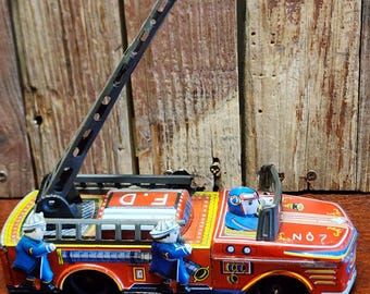 Rare Vintage Tin Lithograph F.D. Fire Engine Friction Toy- Made in