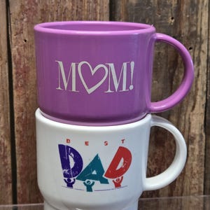 Vintage Plastic Tupperware Stackable Mugs, "MOM" and "BEST DAD",  Microwaveable