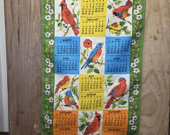1973 Linen Tea Towel Calendar, Vibrant Colors, Birds, Flowers, With Dowel and String