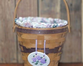 1994 Longaberger May Series Lilac Basket, Floral Liner, Plastic Protector, Pottery Tie On
