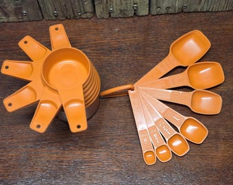 Vintage 1970s Tupperware Orange Measuring Cups and Spoons