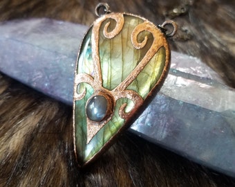 Sacred Feminine Ethereal Green Labradorite with Belomorite Copper Electroform Necklace