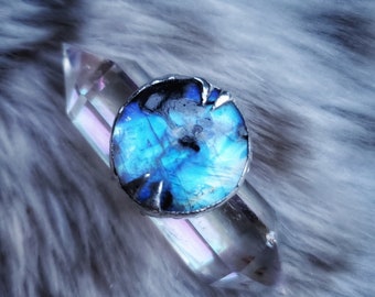 Moon Glow - Silver Soft Solder Ring with Tourmalated Rainbow Moonstone size 8.5