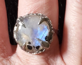 Unicorn Tears - Silver Soft Solder Ring with Rainbow Moonstone size 5.75