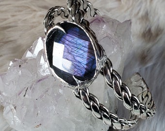 Cyclone - Silver Soft Solder Cuff Bracelet with Faceted Purple Labradorite