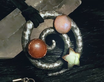 The sun, the moon and the stars - Copper Electroformed Necklace with Sunstone, Moonstone and Labradorite