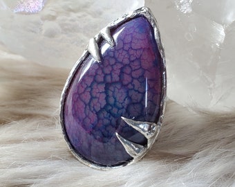 Mother of Dragons - Silver Soft Solder Dyed Dragon Vein Agate ADJUSTABLE Ring