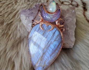 Glow Up - Copper Electroformed Necklace with Belomorite and Aurora Opal