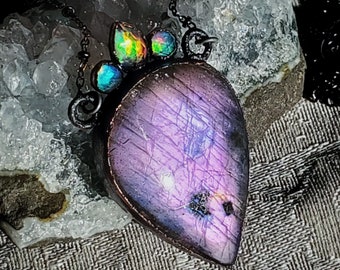 Regal Queen - Copper Electroformed Necklace with Purple Labradorite and Aurora Opal