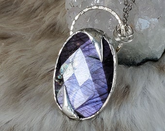 Cyclone- Silver Soft Solder Necklace with Faceted Purple Labradorite