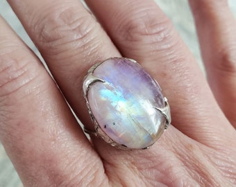 Unicorn Tears - Silver Soft Solder Ring with Rainbow Moonstone size 5.75