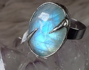 Whirlpool - Silver Soft Solder ADJUSTABLE Ring with Rainbow Moonstone