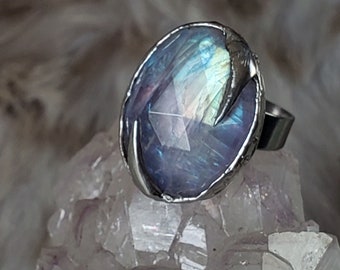 Unicorn Tears - Silver Soft Solder ADJUSTABLE Ring with Rainbow Moonstone
