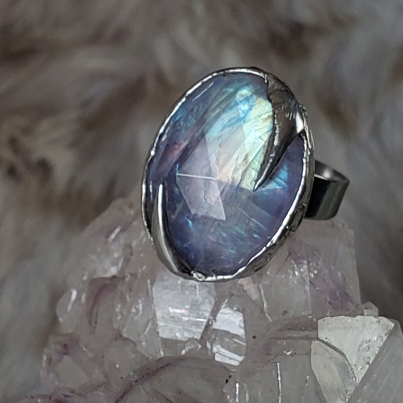 Unicorn Tears Silver Soft Solder ADJUSTABLE Ring with Rainbow Moonstone image 1