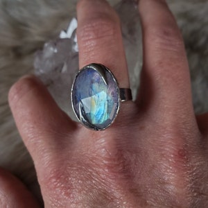 Unicorn Tears Silver Soft Solder ADJUSTABLE Ring with Rainbow Moonstone image 2