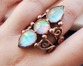 Shimmering Goddess - Electroformed Goddess Ring with Aurora Opals - size 8.5