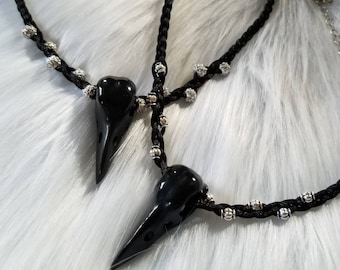 Genuine Buffalo Bone Carved Raven Skull Necklace with Satin Cord and Silver Accents
