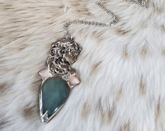 Medusa Talisman - Silver Soft Solder Pendant Necklace with Aquamarine and Moonstone