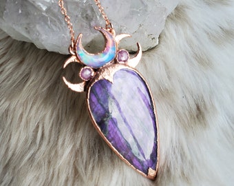 Regalia - Copper Electroformed Necklace with Purple Labradorite, Aurora Opals and Ruby