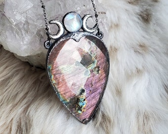 Sacred Feminine - Copper Electroformed Necklace with Labradorite, Moonstone and Mother of Pearl