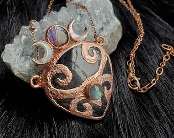 Sacred Feminine Copper Electroformed Necklace with Black Tourmaline, Labradorite and Mother of Pearl